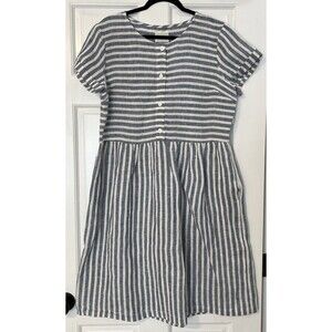 Offon Midi Dress Large Blue Striped 100% Linen Buttons Lagenlook Boho Cottage